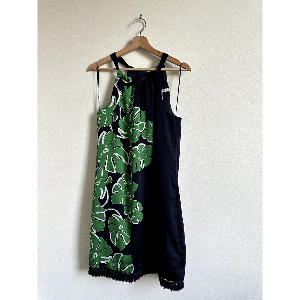 Trina Turk Hot Leaf Printed Halter Mini Dress Size 4 Navy Blue and Green $410